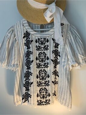 Zara White Blouse with Black Floral Embroidery